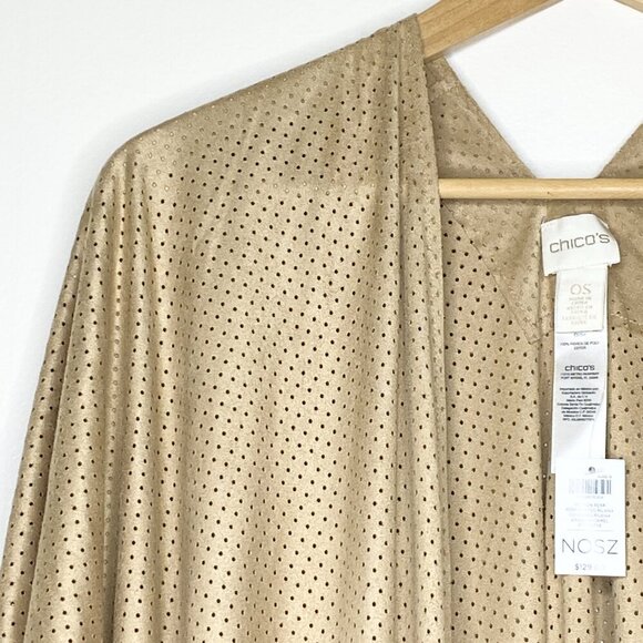 NWT Chicos Peyton Perforated Ruana Cover Arabian Camel One Size Tan Fringe Wrap - Picture 6 of 13